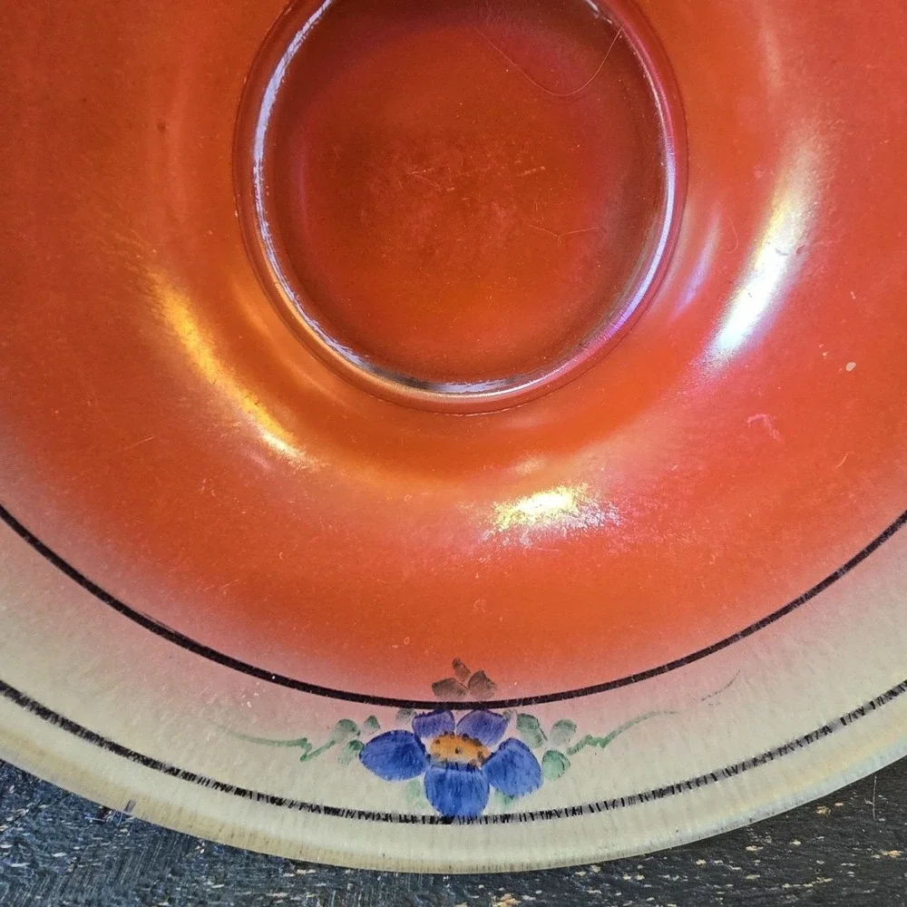 Lancaster Stretch Glass Ruby Lustre‎ Orange Blue Flowers Bowl Compote
